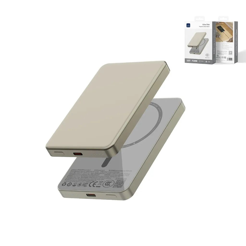 WIWU Ultra Thin P15 5000mAh Magnetic Wireless Power Bank (20W + 15W MagSafe) - Titanium Gold